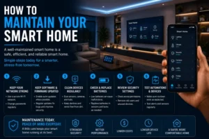 Modern smart home showing connected devices, security controls, lighting, climate systems, and essential smart home maintenance steps.