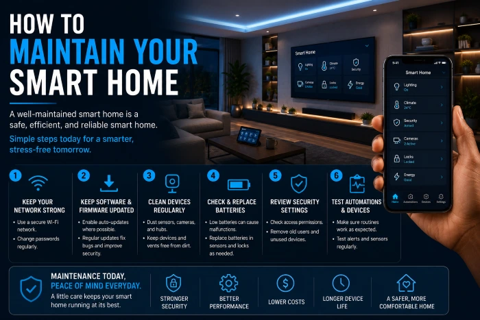 Modern smart home showing connected devices, security controls, lighting, climate systems, and essential smart home maintenance steps.