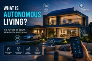 Modern autonomous smart home with solar panels, EV charging, AI automation, smart security, and connected home controls.