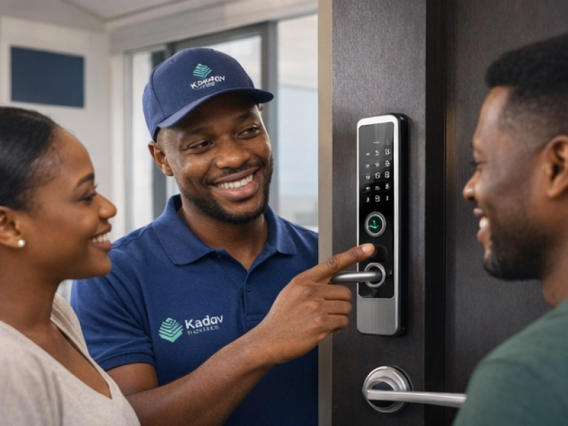 Employee demonstrating smart lock